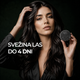Woman holding a black hair product with text 'SVEžINA LAS DO 4 DNI' on a dark background
