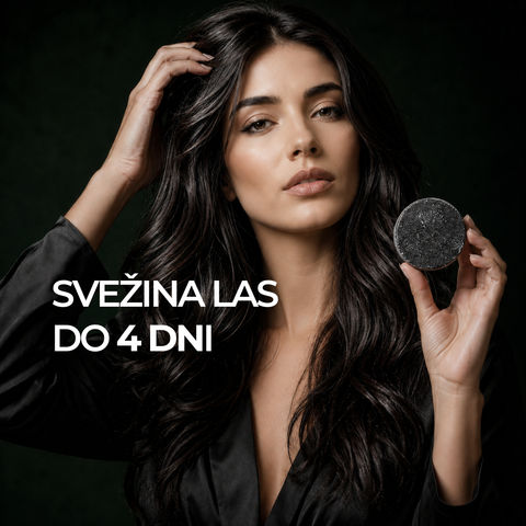 Woman holding a black hair product with text 'SVEžINA LAS DO 4 DNI' on a dark background